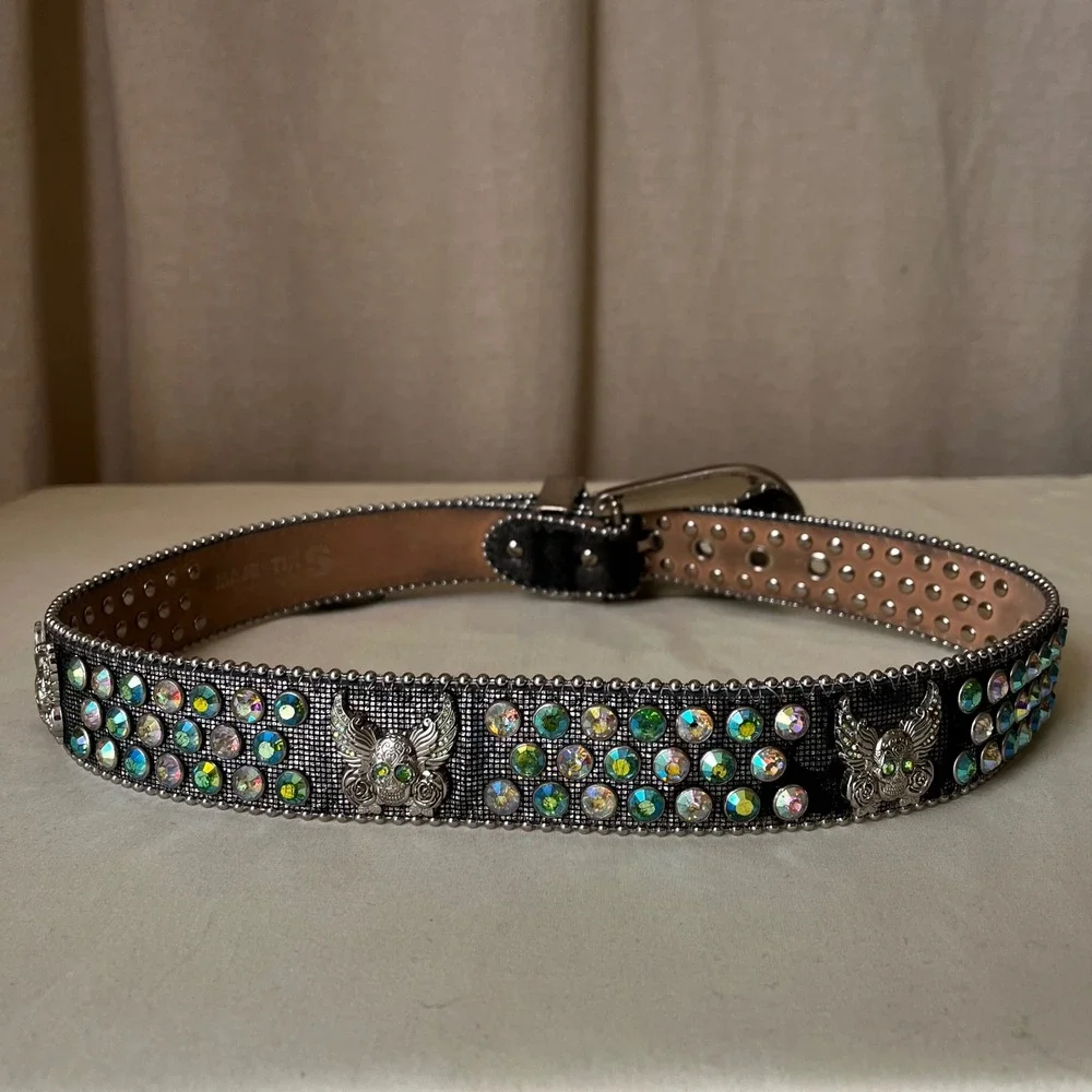 Majestik Rhinestone Skull Belt Y2K Crystal Studded Heavy Leather Sz S‎ 28-32